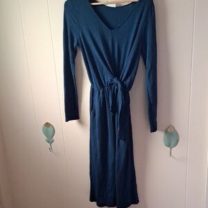 Long Sleeve V-Neck Tie Waist Dress — Deep Teal